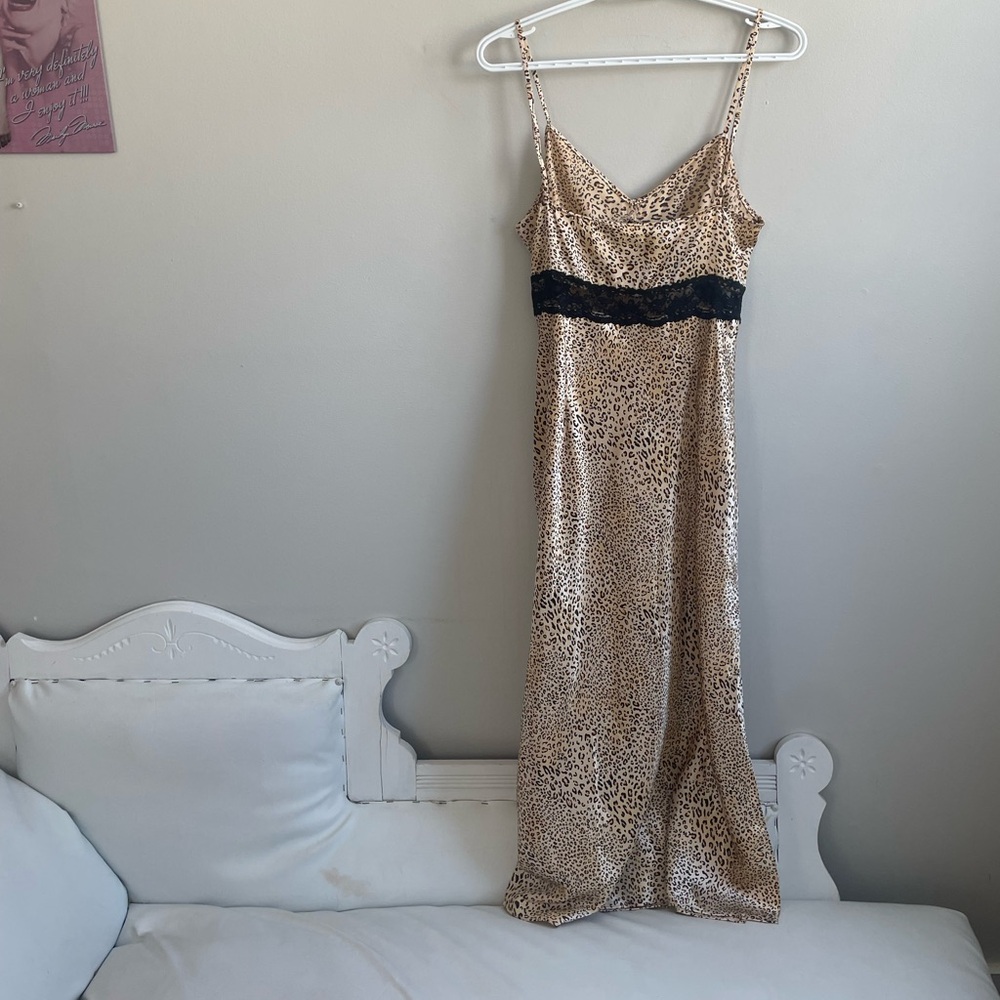 TAN CREAM LEOPARD PRINT SLIP DRESS STRAPS NEGLIGEE BLACK LACE AUGUST SILK - Picture 10 of 11